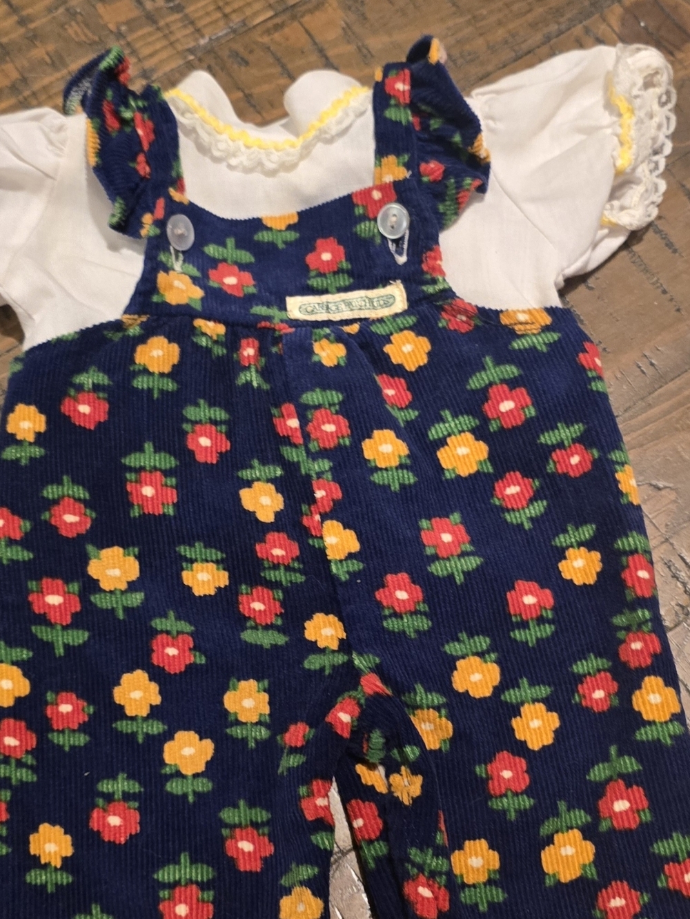 Vintage Cabbage Patch Kids Clothes Corduroy Floral Overalls White Ruffle Shirt - Picture 4 of 11